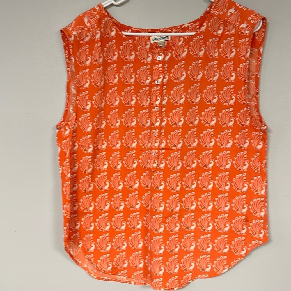Oat+Fawn Women's Orange & White Sleeveless Super Cute Peacock Top in Size L